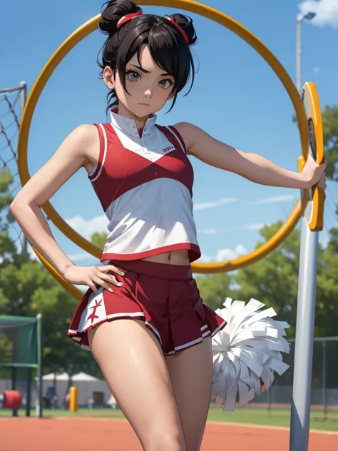 (tenten), 1girl, as a cheerleader, wearing a cheerleader outfit, at a playground, tenten's hair style , 8k, high detailed, high ...