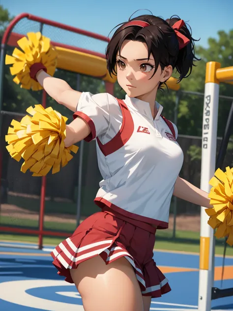 (tenten), 1girl, as a cheerleader, wearing a cheerleader outfit, at a playground, tenten's hair style , 8k, high detailed, high ...