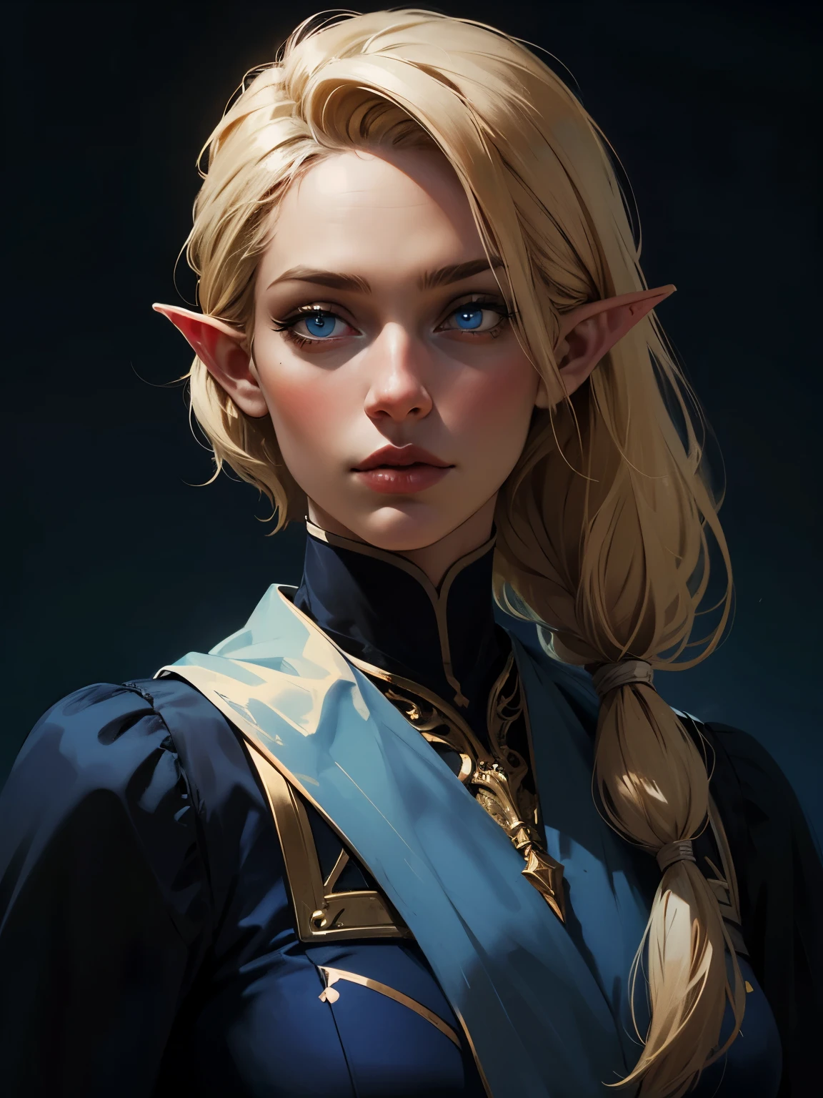 beautiful blond elven woman in her 30s, with blue eyes and striking features, exuding maturity and allure in a seductive pose.(dark-blue background), pointy ears, glowing eyes, beauty, blond long hair,blond short hair ,blond medium hair ,an14