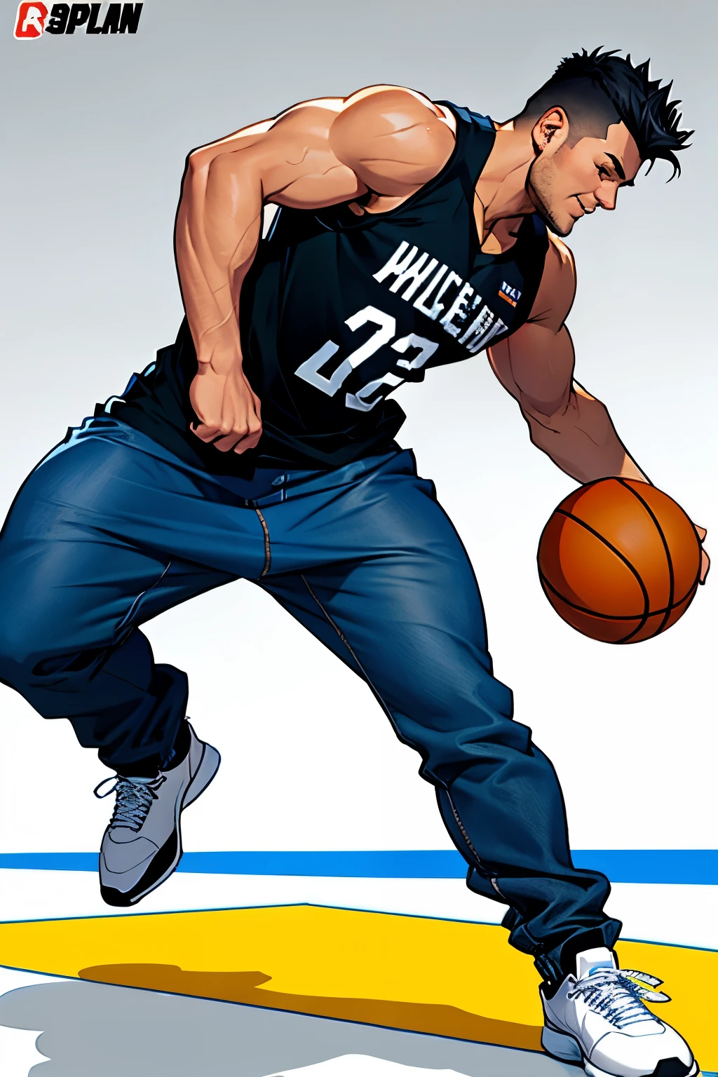 "Handsome Guy Playing Basketball" (s2):

A chiseled, handsome man with a strong jawline and a charming smile is skillfully dribbling the basketball. His muscular arms flex as he effortlessly sways between defenders, showing off his toned physique. His hair, styled in a sleek backcut, is only slightly disheveled by the wind. He wears a black basketball jersey with the number 2 on it, which hugs his broad shoulders and hyperdetailed chest. The back of the jersey is adorned with the team's logo. His slim-fit jeans and high-top basketball sneakers complete his stylish yet sporty