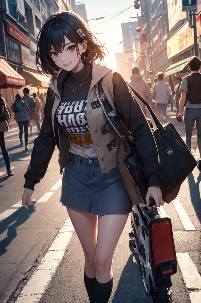 a beautiful young girl with long, messy black hair wearing a short skirt, t-shirt and jacket, smiling cheerfully and gesturing as she walks through a brightly lit city, carrying a skateboard, (best quality,4k,8k,highres,masterpiece:1.2),ultra-detailed,(realistic,photorealistic,photo-realistic:1.37),detailed face, beautiful eyes, nose and lips, vibrant colors, natural lighting, cityscape, urban, street scene