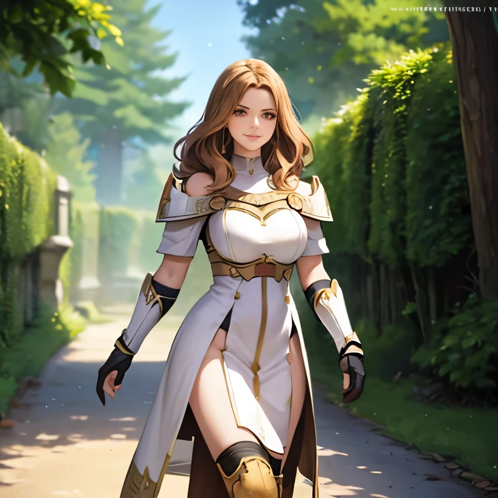 a woman wearing very heavy white armor with gold trim, wearing a dark brown hunting suit, squeezing, long beige hair, orange eyes, smiling, big breasts, in a fantasy forest, walking on a concrete walkway, holding a shield,HDR, masterpiece, well defined, ultra resolution, high quality, 8k HD. (just a woman, solo)
