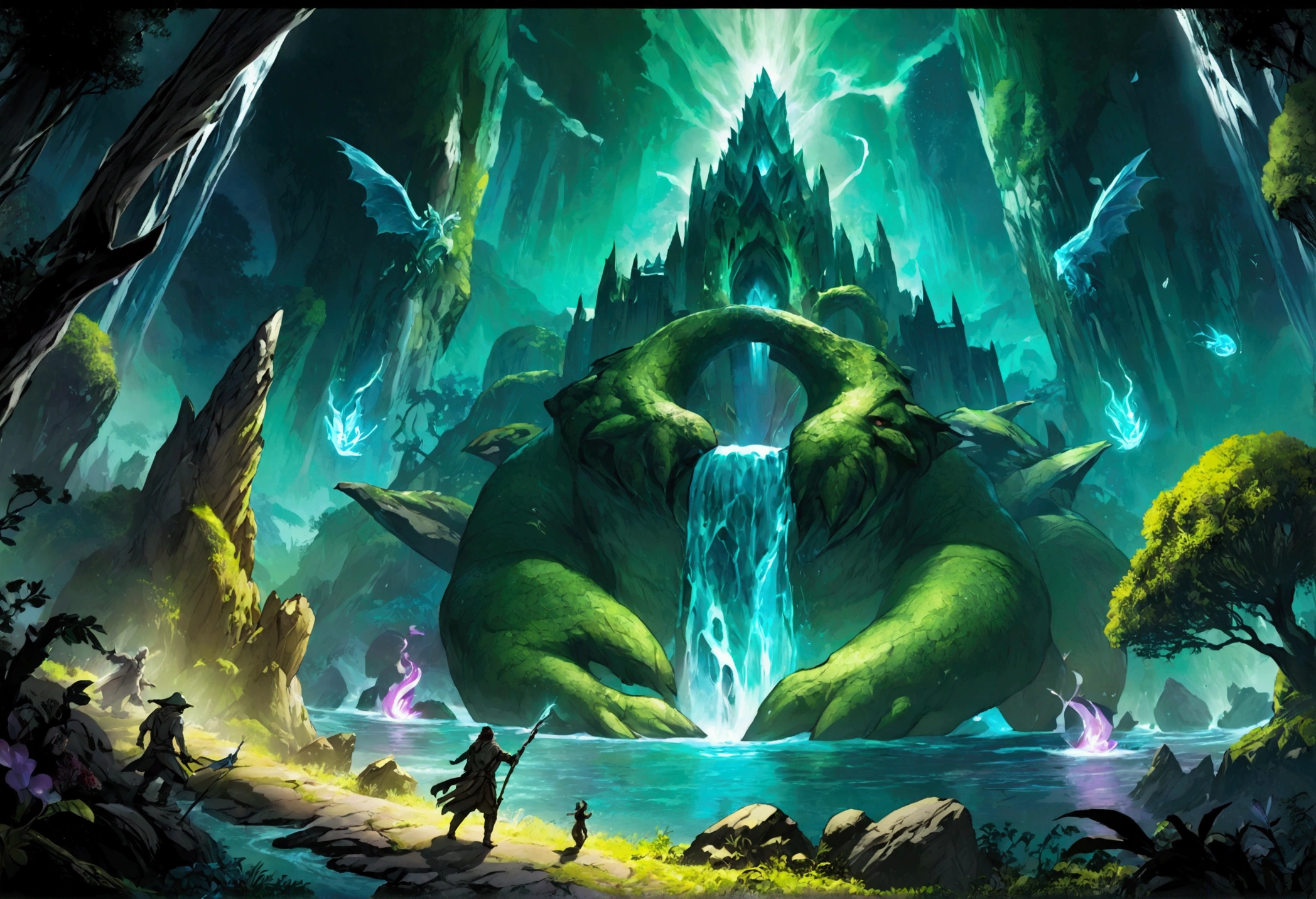 "A panoramic view of a wild and mystical world, with towering mountains, dense forests, and winding rivers. Various monstrous creatures, in dynamic poses, are scattered across the scene. The main character classes - hunters, rangers, wardens, and chefs - are depicted in action, showcasing their skills. Elements of magic, such as glowing crystals and mystical lights, are integrated throughout. The scene is brought to life with vibrant colors and dynamic action. The title 'WilderFeast' is prominently displayed at the top, with a wild and mystical font and matching logo.