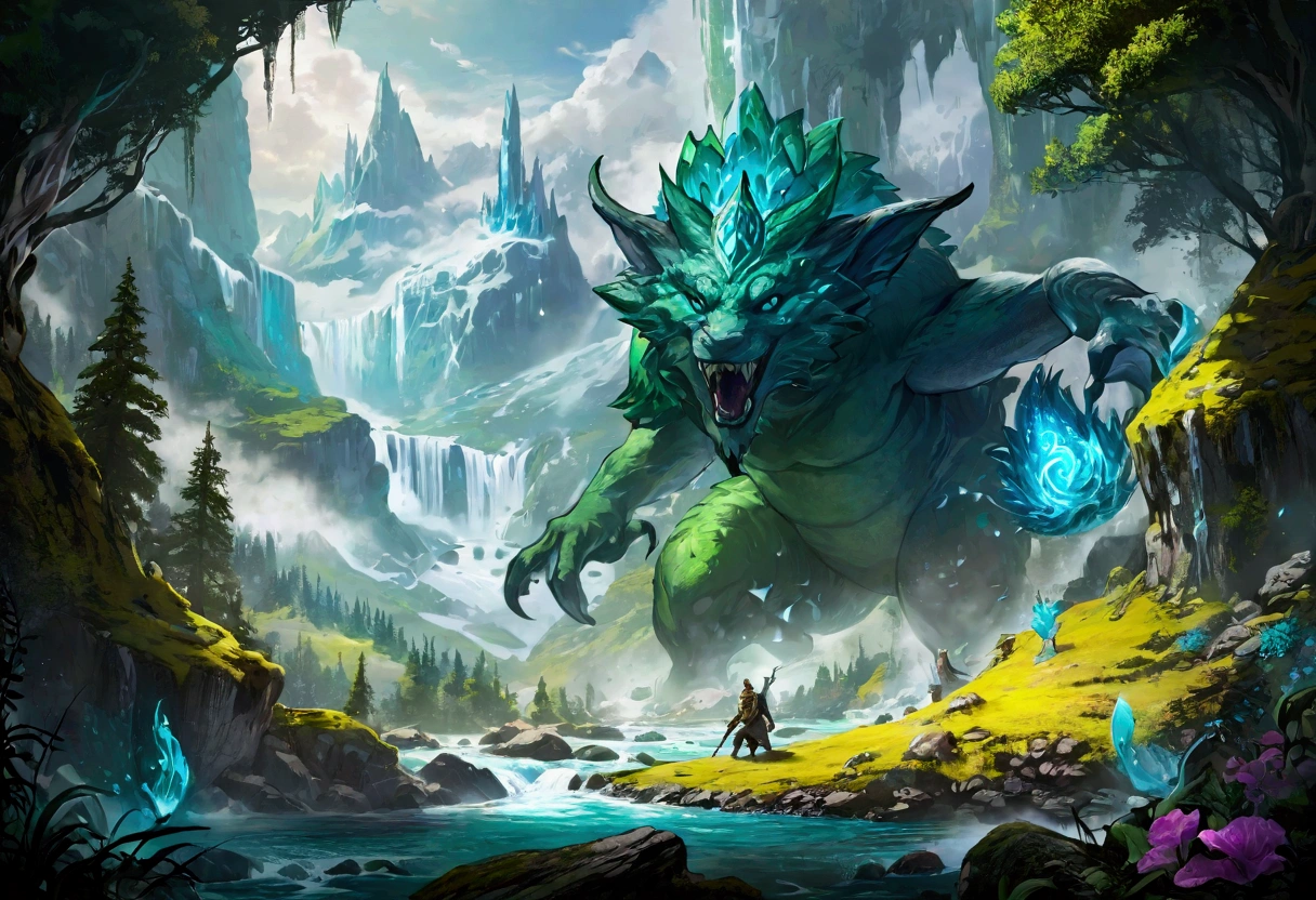 "A panoramic view of a wild and mystical world, with towering mountains, dense forests, and winding rivers. Various monstrous creatures, in dynamic poses, are scattered across the scene. The main character classes - hunters, rangers, wardens, and chefs - are depicted in action, showcasing their skills. Elements of magic, such as glowing crystals and mystical lights, are integrated throughout. The scene is brought to life with vibrant colors and dynamic action. The title 'WilderFeast' is prominently displayed at the top, with a wild and mystical font and matching logo.