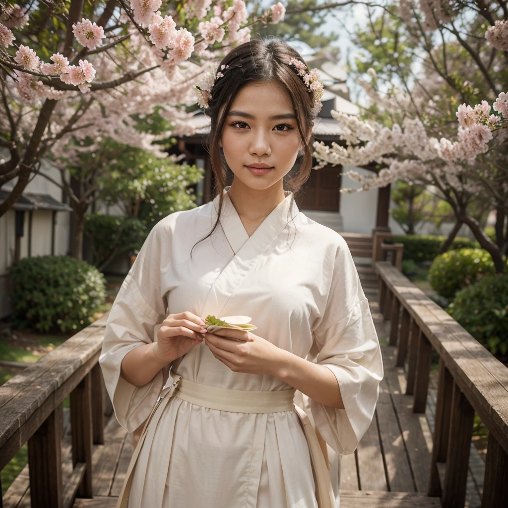 A beautiful young sweet Thai woman, adorned in an elegant traditional Japanese Royal Kimono, detailed beautiful eyes and beautiful face, stands gracefully on a wooden bridge. She holds a delicate fan in her hands, its golden design complementing the pastel colors of her flowing attire. Cherry blossoms rain down around her, creating a serene and enchanting springtime atmosphere. Her gentle smile and the overall soft focus of the image add to the dreamy, romantic quality of the scene.