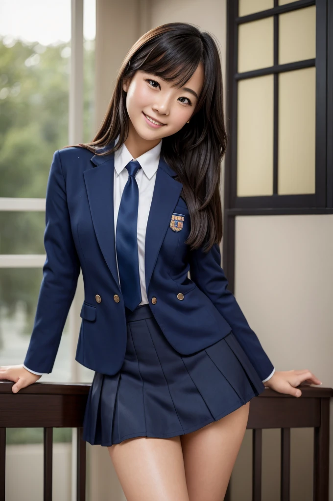 ((masterpiece)), 8k, Highest quality 、Japanese women 、beautiful girl、1 girl, alone, 、Photorealistic、High resolution、Realistic and accurate depiction、Realistic and accurate human anatomy、Beautiful Face, Gentle expression, Realistic, cute, Dark blue short skirt, Dark blue ribbon, Dark blue blazer uniform, (high school girl), smile, ( (looking at the camera)), Long Hair, Full Body Shot,