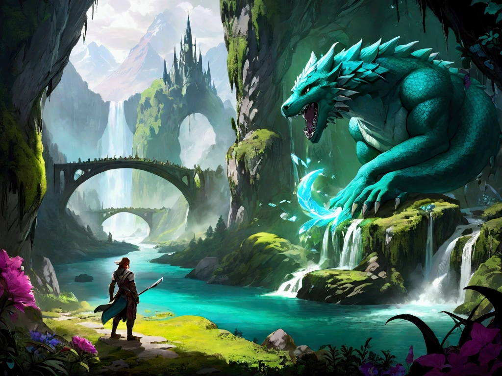 "A panoramic view of a wild and mystical world, with towering mountains, dense forests, and winding rivers. Various monstrous creatures, in dynamic poses, are scattered across the scene. The main character classes - hunters, rangers, wardens, and chefs - are depicted in action, showcasing their skills. Elements of magic, such as glowing crystals and mystical lights, are integrated throughout. The scene is brought to life with vibrant colors and dynamic action. The title 'WilderFeast' is prominently displayed at the top, with a wild and mystical font and matching logo.