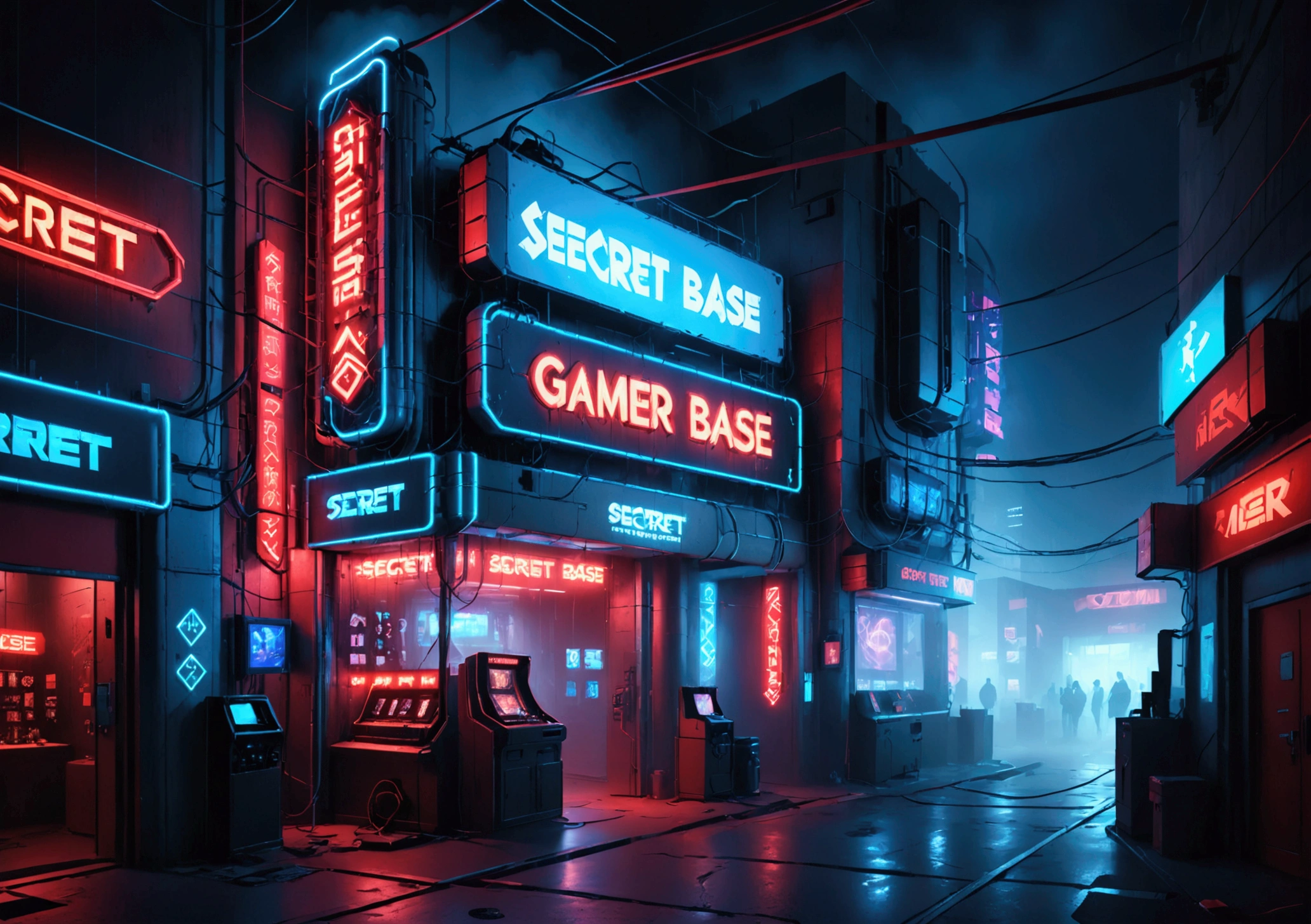 a neon blue and red sign that reads (Secret Gamer Base), intricate neon signage, futuristic cyberpunk setting, dramatic lighting, volumetric fog, highly detailed, 8k, ray tracing, cinematic, moody atmosphere, vibrant colors, dynamic composition, photorealistic