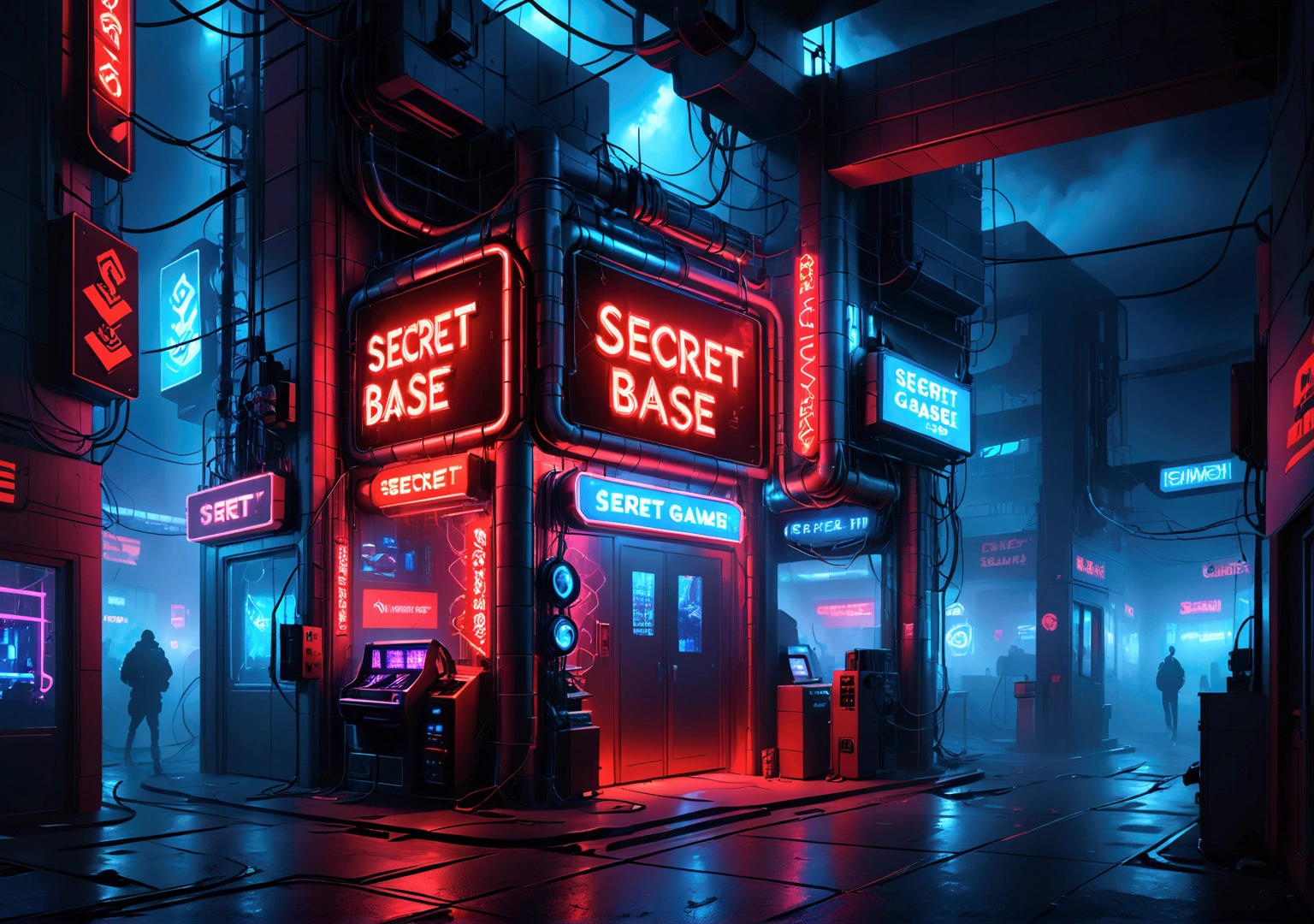 a neon blue and red sign that reads (Secret Gamer Base), intricate neon signage, futuristic cyberpunk setting, dramatic lighting, volumetric fog, highly detailed, 8k, ray tracing, cinematic, moody atmosphere, vibrant colors, dynamic composition, photorealistic