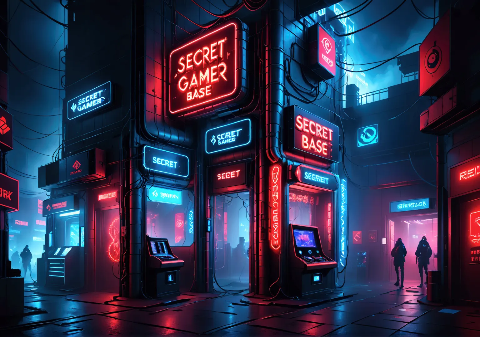 a neon blue and red sign that reads (secret gamer base), intricate neon signage, futuristic cyberpunk setting, dramatic lighting...