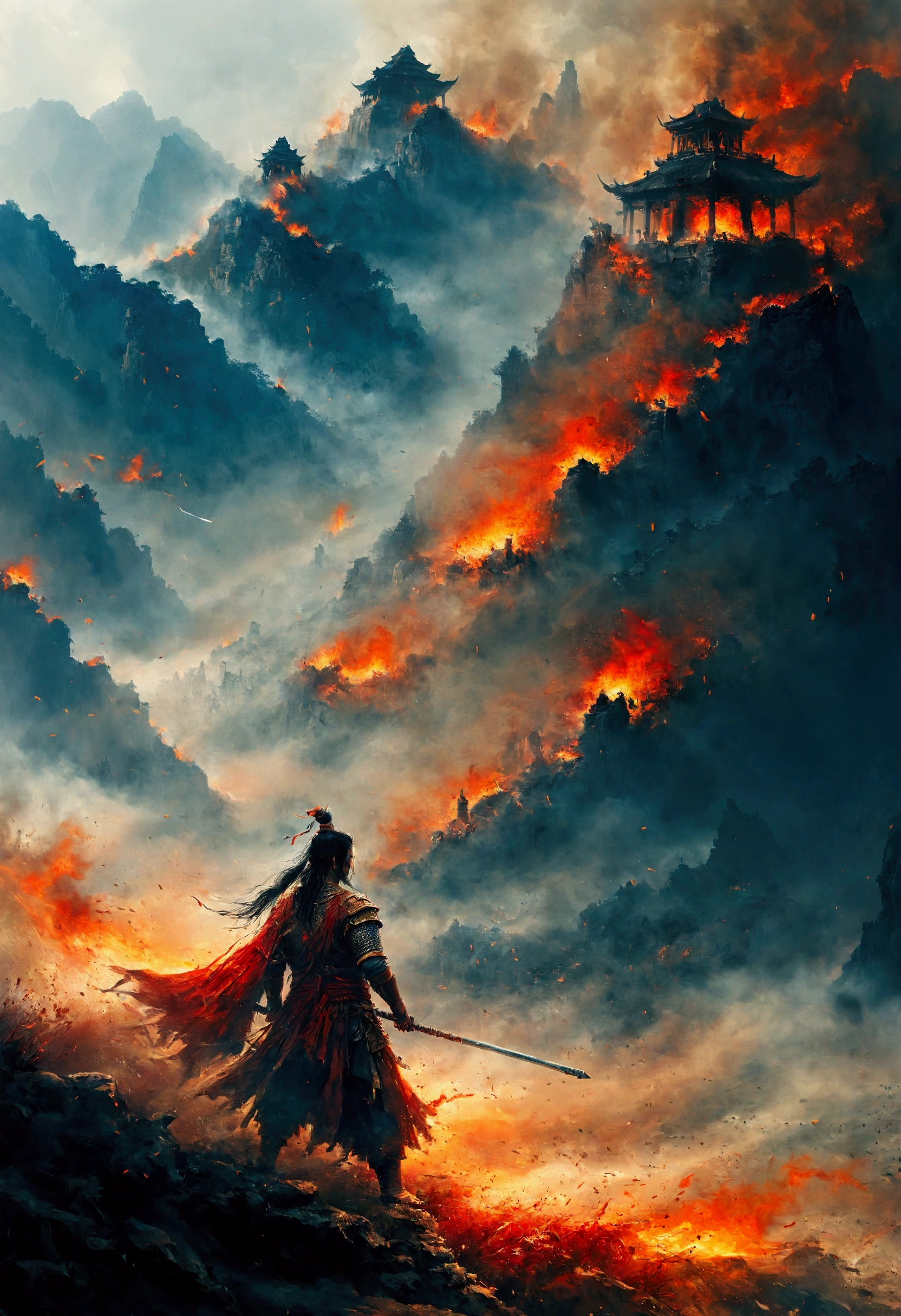 Create a vivid and intense scene of a burning battlefield, drawing inspiration from the epic battles depicted in the Indian sacred texts like the Mahabharata and the Ramayana. The scene should capture the chaos and grandeur of an ancient war, with warriors clad in traditional armor, wielding swords, bows, and magical weapons. The landscape is ablaze with fire, casting an orange glow over the battlefield. In the background, majestic temples and ancient structures stand as silent witnesses to the clash. The sky is dark with smoke and ash, and mythical creatures and divine beings can be seen amidst the turmoil, adding an ethereal and mystical element to the scene. Emphasize the dramatic and epic nature of the battle, with dynamic poses and expressive faces of the warriors