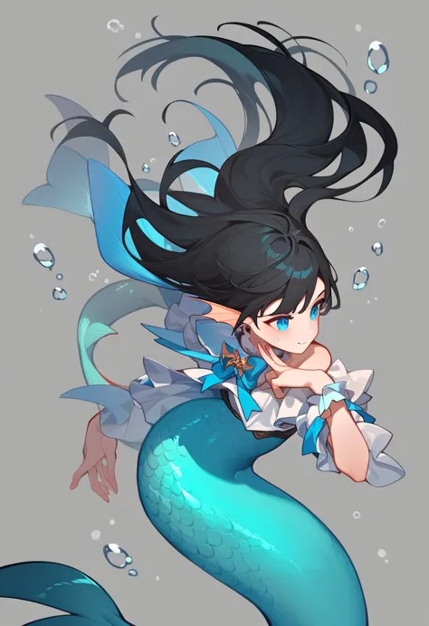 mermaid, black hair, blue eyes ,blue-black fish tail, middle ages, fantasy, the best aesthetics , best quality, amazing quality,...