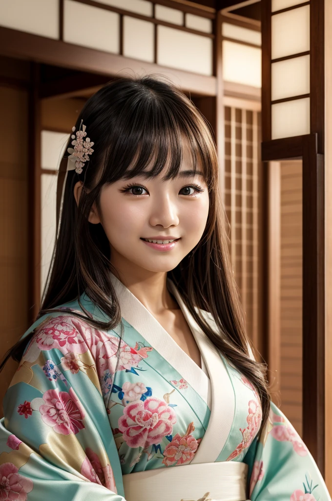 8k、High definition、Ultra Detail、Photorealistic、High resolution、Realistic and accurate depiction、Realistic and accurate human anatomy、Highest quality、Japanese women 、beautiful girl、(((JPGND))), (((kimono))), ((Highest quality、8K masterpiece:1.3))、(Super beautiful face:1.0)、(Glowing Skin:1.0)、Realistic photos、Perfect dynamic composition, Video Lighting、High resolutionの目と顔、1 Japanese girl, Pure beauty, cute, elegant, kimono, smile, ,A long-established inn in Kyoto, Japanese garden, Luxurious Japanese-style room, Look back and smile