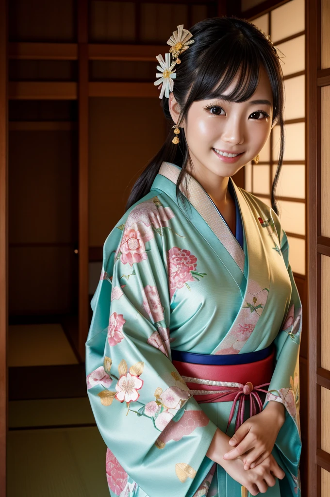 8k、High definition、Ultra Detail、Photorealistic、High resolution、Realistic and accurate depiction、Realistic and accurate human anatomy、Highest quality、Japanese women 、beautiful girl、(((JPGND))), (((kimono))), ((Highest quality、8K masterpiece:1.3))、(Super beautiful face:1.0)、(Glowing Skin:1.0)、Realistic photos、Perfect dynamic composition, Video Lighting、High resolutionの目と顔、1 Japanese girl, Pure beauty, cute, elegant, kimono, smile, ,A long-established inn in Kyoto, Japanese garden, Luxurious Japanese-style room, Look back and smile