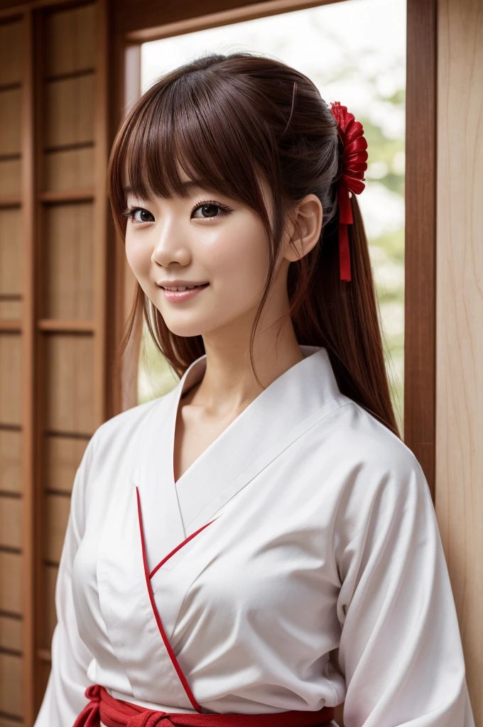 8k、High definition、Ultra Detail、Photorealistic、High resolution、Realistic and accurate depiction、Realistic and accurate human anatomy、Highest quality、Japanese women 、beautiful girl、White and red hakama、Red hakama on top and red on bottom,White tabi,Red ribbon in hair,1,bangs,Smile a little,knees,Japanese style hairstyle,Looking up from below, An innocent smile、Natural Makeup、Perfect Skin、Charm、cute