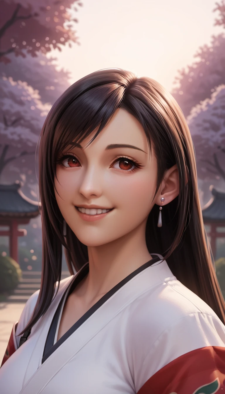 1girl, tifa lockhart, wearing kimono with firework in background, (masterpiece), cinematic, beautiful light, best quality, newest,safe, absurdres, smiling , close eyes, look at camera, tilt head, turn head back