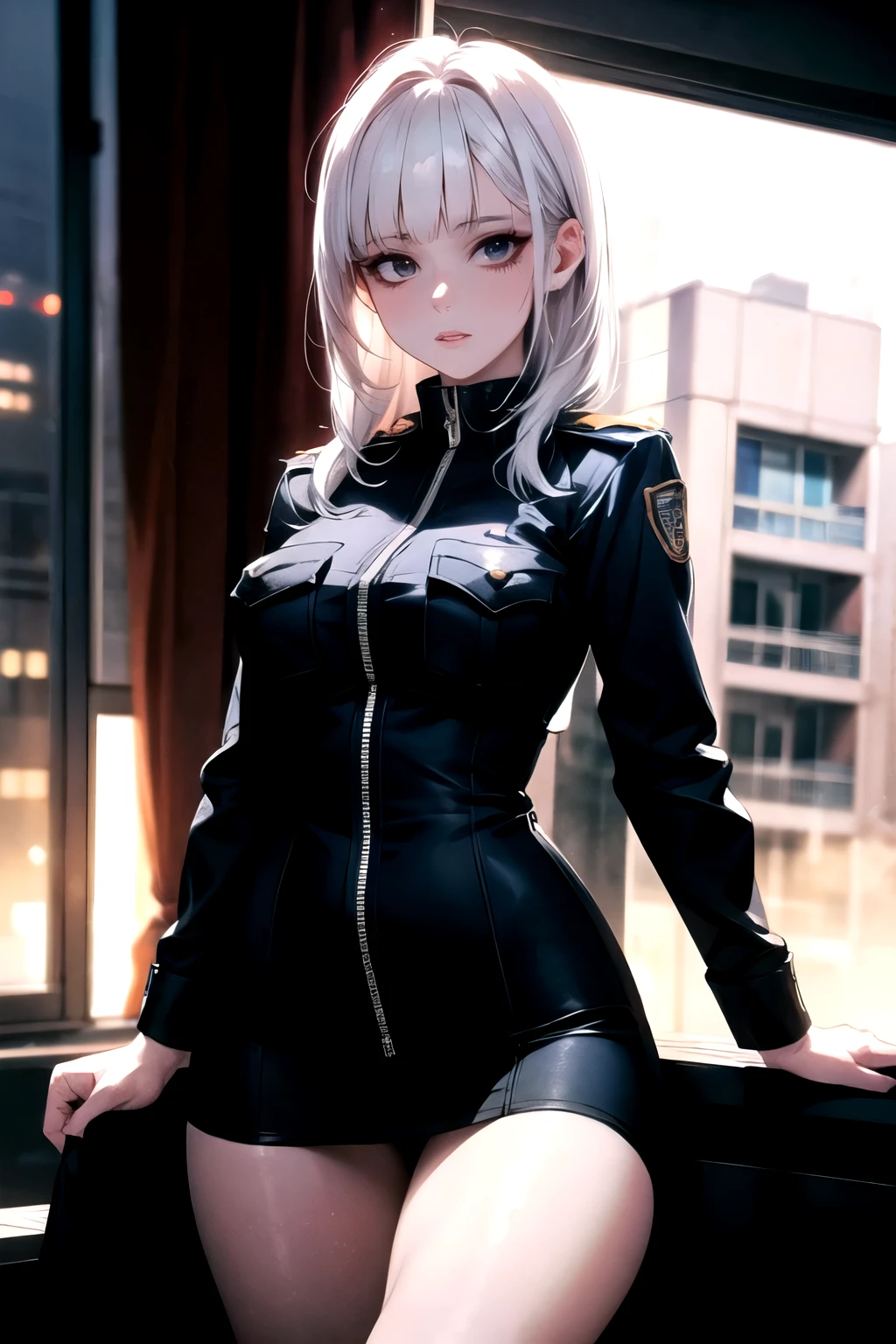 ((best quality)), ((masterpiece)), (detailed), Photorealistic, high resolution, mature woman, Image of a beautiful cyberpunk woman, Police Uniform, Hips up, jewelry, Curtain Bangs, White hair, White eyes, หน้าอกใหญ่, HDR (high dynamic range), After processing, Anisotropic filtration,depth of field, Maximum clarity and clarity, multi-layered surface, perfect proportions, 8K raw files, กระโปรงสั้น, natural lighting, soft lighting, sunlight, detailed anatomy, (skyscraper roof, overlooking a city, detailed background ((night time, Darkness, low light pollution))) , สูบบุหรี่