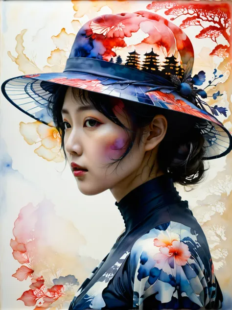 mysterious silhouette of a japanese woman wearing a hat, 　watercolor art by lee min-jae, carne griffith, emily kell, steve mccur...