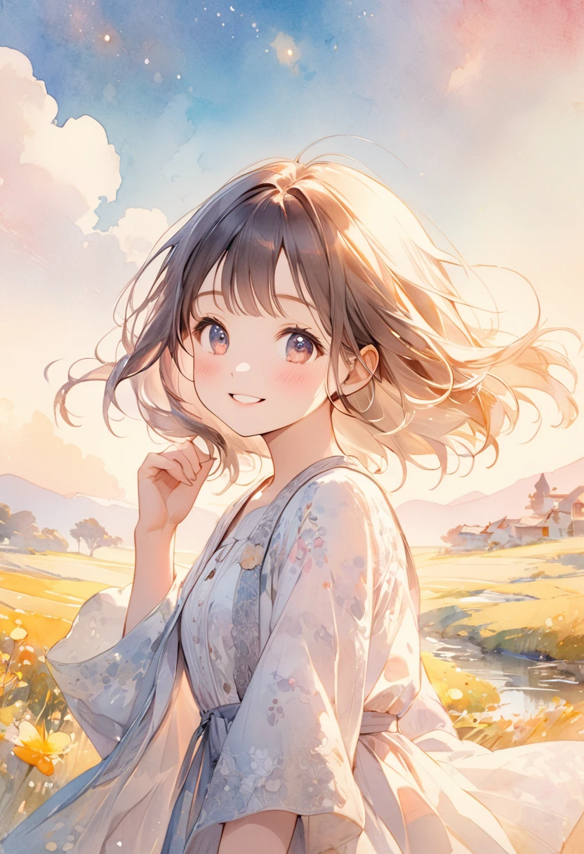 (young girl) with a beautifully radiant smile, posing with her left hand up towards the sky. Her face should convey a sense of wonder and optimism, The background should be a soft, (((dreamy watercolor-style landscape))), (((reminiscent of a famous watercolor artist's masterpiece))). aesthetic should be ultra-detailed, with textured fabrics, subtle shading, and intricate patterns,
