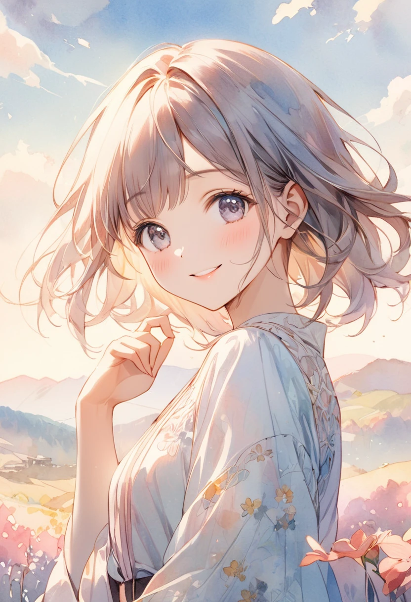 (young girl) with a beautifully radiant smile, posing with her left hand up towards the sky. Her face should convey a sense of wonder and optimism, The background should be a soft, (((dreamy watercolor-style landscape))), (((reminiscent of a famous watercolor artist's masterpiece))). aesthetic should be ultra-detailed, with textured fabrics, subtle shading, and intricate patterns,
