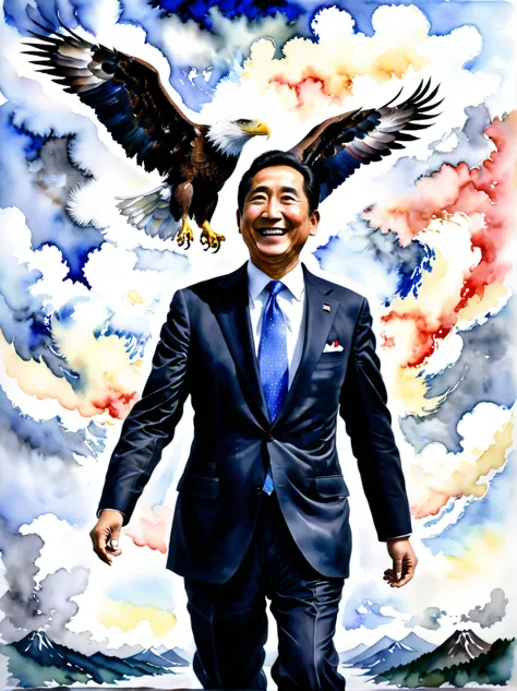 an american eagle flies through the sky capturing prime minister fumio kishida　fumio kishida looks happy.　watercolor art