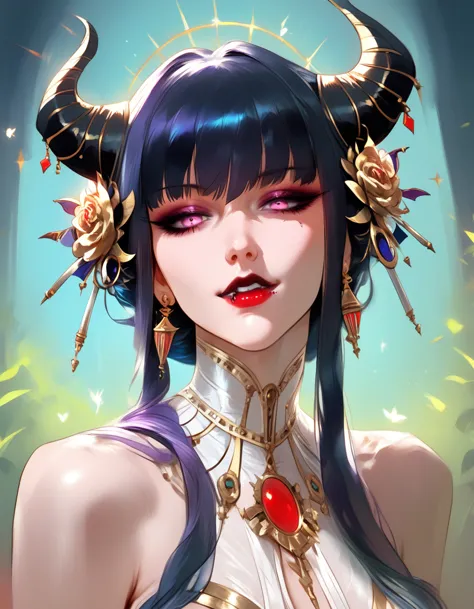 masterpiece, best quality, eliza, vampire, face portrait, beautiful, horns