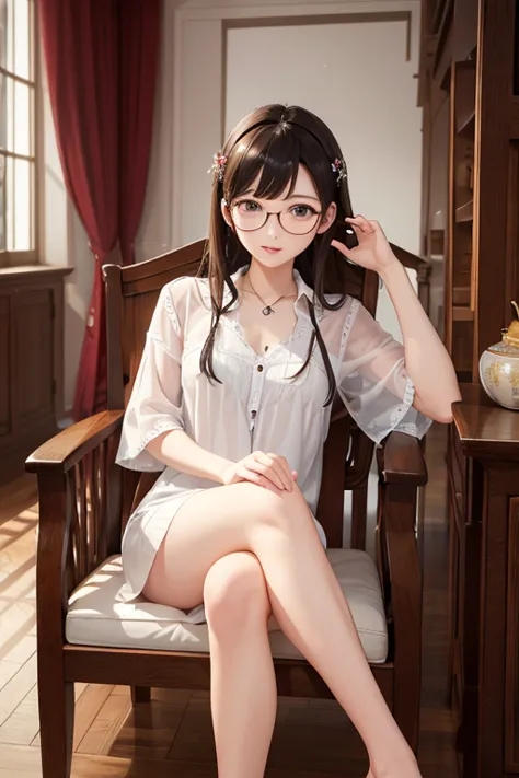 highest quality、masterpiece、high sensitivity、high resolution、detailed description、slender women、glasses、summer clothes、sit down、...