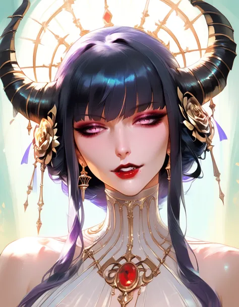 masterpiece, best quality, eliza, vampire, face portrait, beautiful, horns