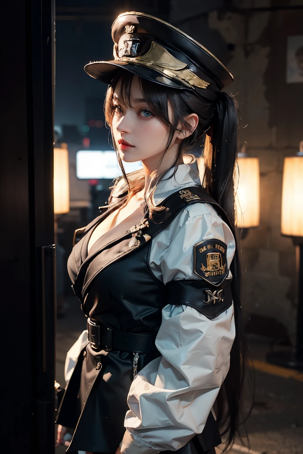 ((best quality)), ((Masterpiece)), (details:1.4), 3d, Image of a beautiful cyberpunk woman., HDR (high dynamic range), mature woman, เหมือนจริง, High ponytails, Black hair, Blue eyes, future police, PBR surface, After processing, Anisotropic filtration,depth of field, Maximum clarity and clarity, multi-layered surface, perfect proportions, 8K raw files, cyberpunk, at night, ผมหลายชั้น,  red short skirt, natural lighting, soft lighting, sunlight, หน้าอกใหญ่, a woman wearing a black gothic style military uniform, black military hat with gold details, iron cross symbol on the military hat, 