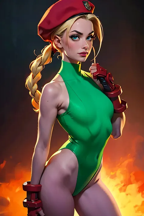 masterpiece, 4k, highly detailed, cammy de street fighter, looking to the camera, blue eyes, platinum blonde hair combed into lo...