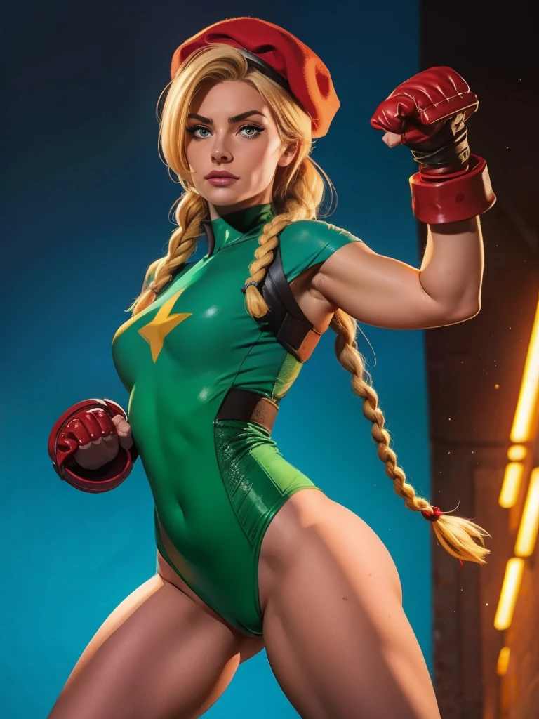 Cinematic. (((A comic style, cartoon art))). Emma Frost Posing for photo Cammy White with a muscular build, wearing a green, form-fitting bodysuit. She has long blonde hair styled in two braids, a red beret, and red gloves.  (((in fight pose))) . (((Hot Body, camel toes))). ((((Abstract Comic background )))) , vivid colors, detailed, detailed face, realistic shadows and bright, glowing.