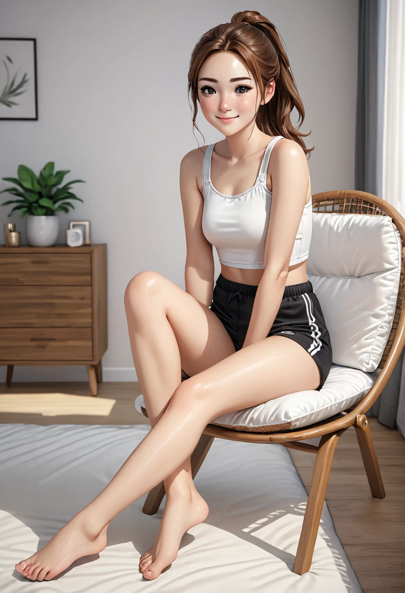 (young woman:1.5), (she wears black shorts and a white crop top), (barefoot:1.4), long brown hair with ponytail, brown eyes, (cheeky smilie), detailed skin texture, (realistic skin pores, freckles on her skin, skin impurities:1.0), sitting on a chair in a modern girly bedroom, 24k resolution, highly detailed, (natural front light:0.5), (full body shot:1.3)