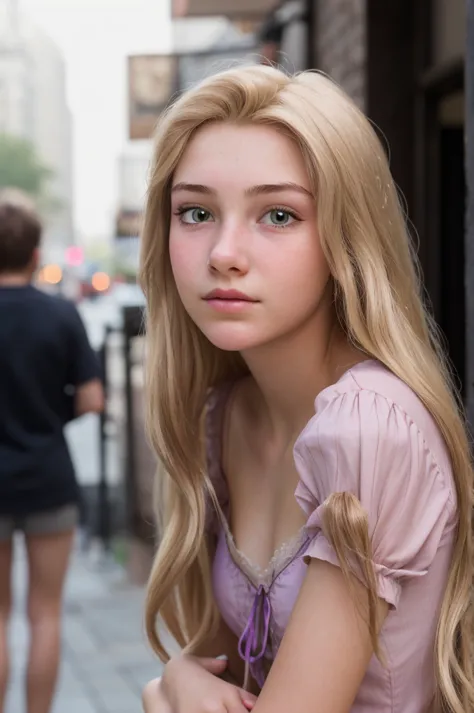 cinematic portrait of close-up photo of photograph of a 18 year old teen woman, rapunzel-tngl, out in the city . detailded, inti...