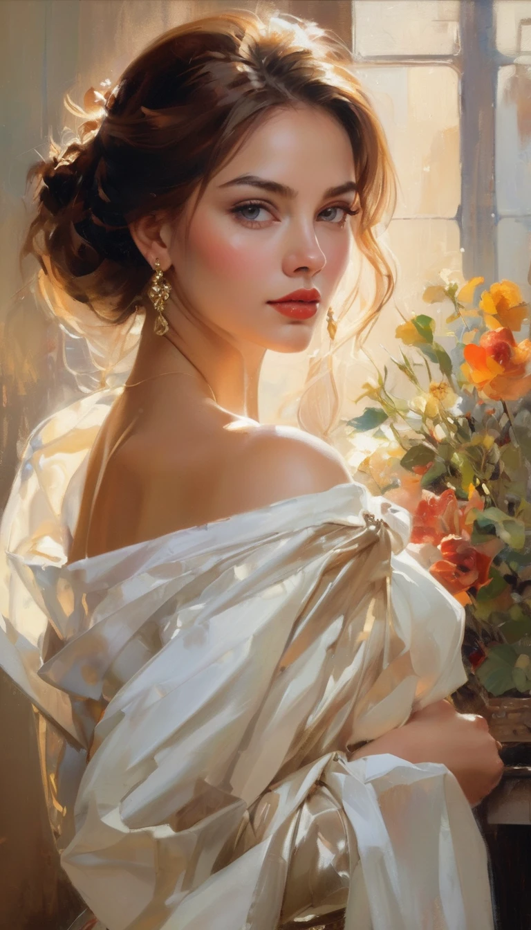 retrato de una hermosa joven al estilo de Philip de Laszlo, Michael Garmash, chica con un vestido de gala, trazos finos que delinean tus rasgos, luces y sombras sutiles, suave lighting illuminating her face and dress Art style: realisitic, paleta de colores de pintura al óleo: rico, tonos cálidos con toques de oro y rojos profundos, contrastando con azules fríos en el fondo Iluminación: suave, luz difusa que cae sobre la mujer&#39;la cara, enfatizando sus rasgos delicados y las texturas del vestido