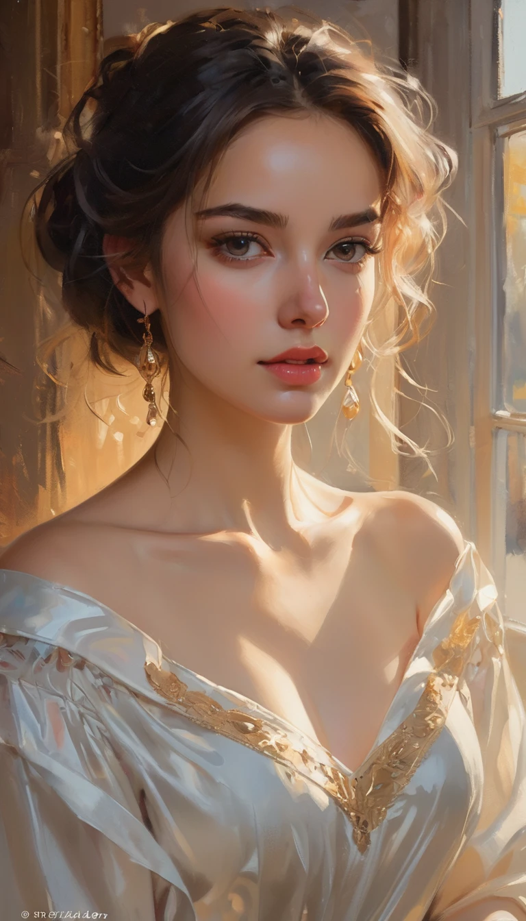 retrato de una hermosa joven al estilo de Philip de Laszlo, Michael Garmash, chica con un vestido de gala, trazos finos que delinean tus rasgos, luces y sombras sutiles, suave lighting illuminating her face and dress Art style: realisitic, paleta de colores de pintura al óleo: rico, tonos cálidos con toques de oro y rojos profundos, contrastando con azules fríos en el fondo Iluminación: suave, luz difusa que cae sobre la mujer&#39;la cara, enfatizando sus rasgos delicados y las texturas del vestido