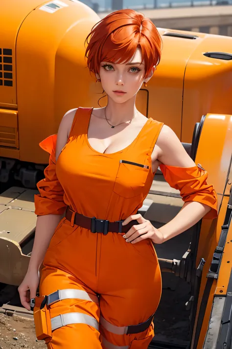 woman, ((hair color [dyed bright red hair], [pixie cut with bangs] hair)), ((orange work jumpsuit)), ((full orange ppe)), (refle...