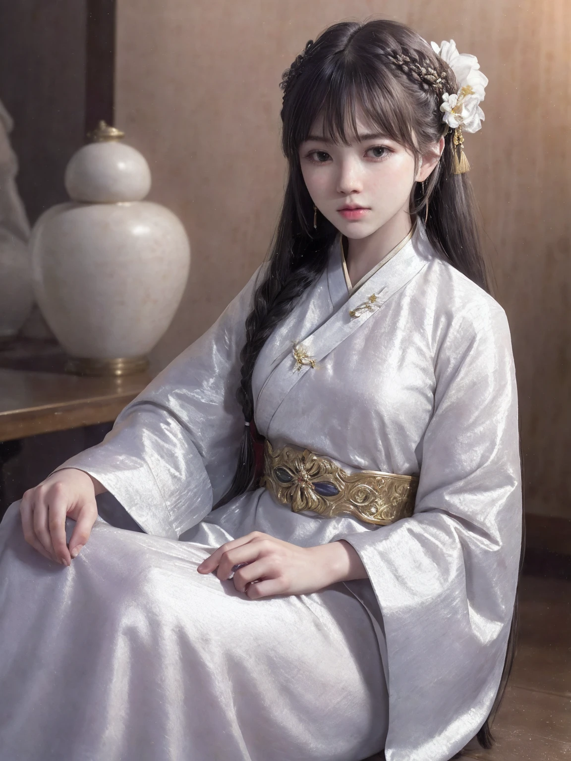 close up on face， Ultra-fine face，femele， China-style， Ancient wind，Hanfu， Sit Pose， long whitr hair， Delicate clothing patterns， ellegance， opulent， ellegance， ssmile，Skysky， Ribbons，Sense of brokenness， ruri， Buble， Double up braid， Hairline， slanted bangs， shairband， hair adornments，glitters， cinmatic lighting，  hyper HD， A high resolution， best qualtiy， 8K， high detal， high qulity， super detailing， anatomy correct， tmasterpiece， ccurate，plump，landscape painting，screen