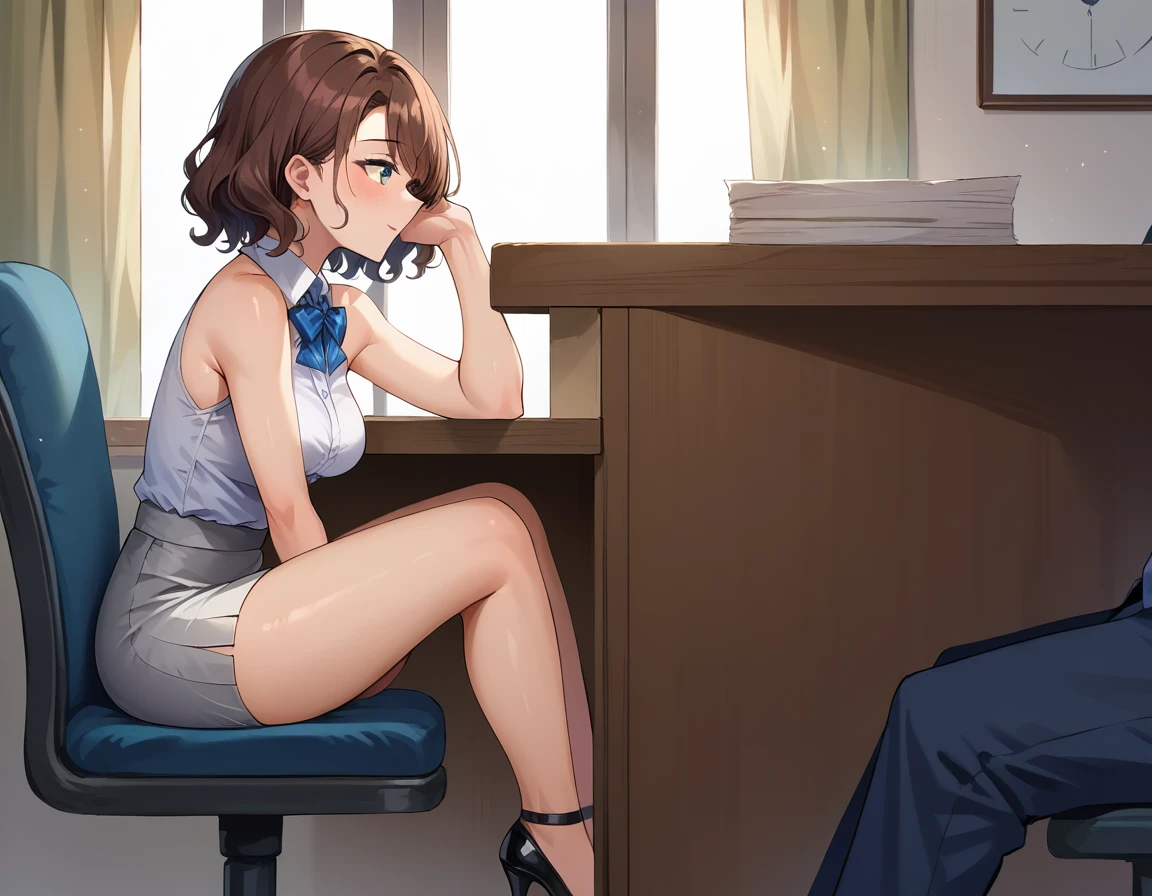 score_9, score_8_up, score_7_up, score_6_up, BREAK, 1boy, 50yo, tall, average body, business suit, (sitting, out of frame:1.4), BREAK 1girl, 30yo, female, short, slender slutty girl, brunette, wavy hair, cute and mature, wearing (tight grey skirt:1.1), (tight white sleeveless blouse:1.2), (black high heels:1.0), (medium breasts, shoulder length hair:1.5), BREAK, luxury office, large CEO table, (under table:1.3), perfect proportions.