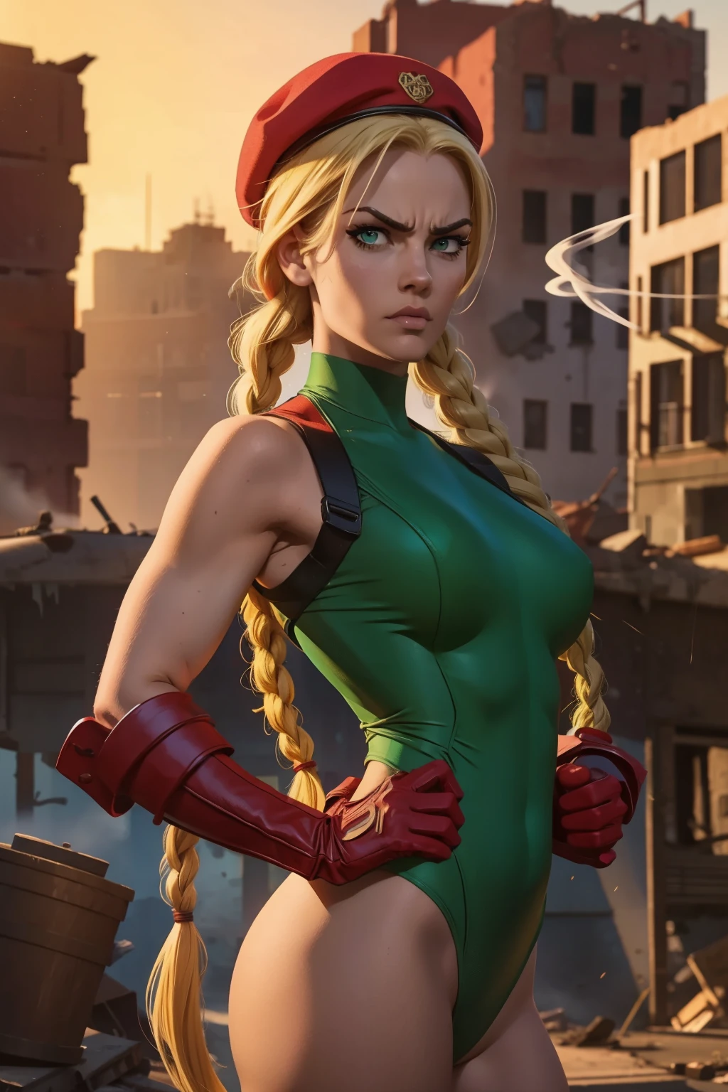 estilo GTA, tela de carregamento GTA, GTA art, Retrato de Cammy White with a muscular build, wearing a green, form-fitting bodysuit. She has long blonde hair styled in two braids, a red beret, and red gloves. , ((angry facial expression)), altamente detalhado, rosto detalhado, epic, high definition shooting, retrato digital, Lindo, Art Station, comiс style, ((hot body, hot girl, sensual, sexy)), comic,  ((a destroyed city background, fogo, smoke, blast)).