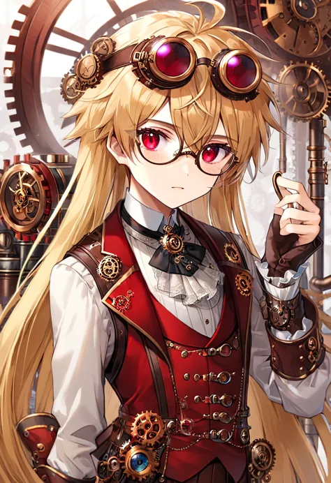 one young boy, red ruby eye, beautiful face like girl, blonde long hair, steampunk suit, inventing, glasses.