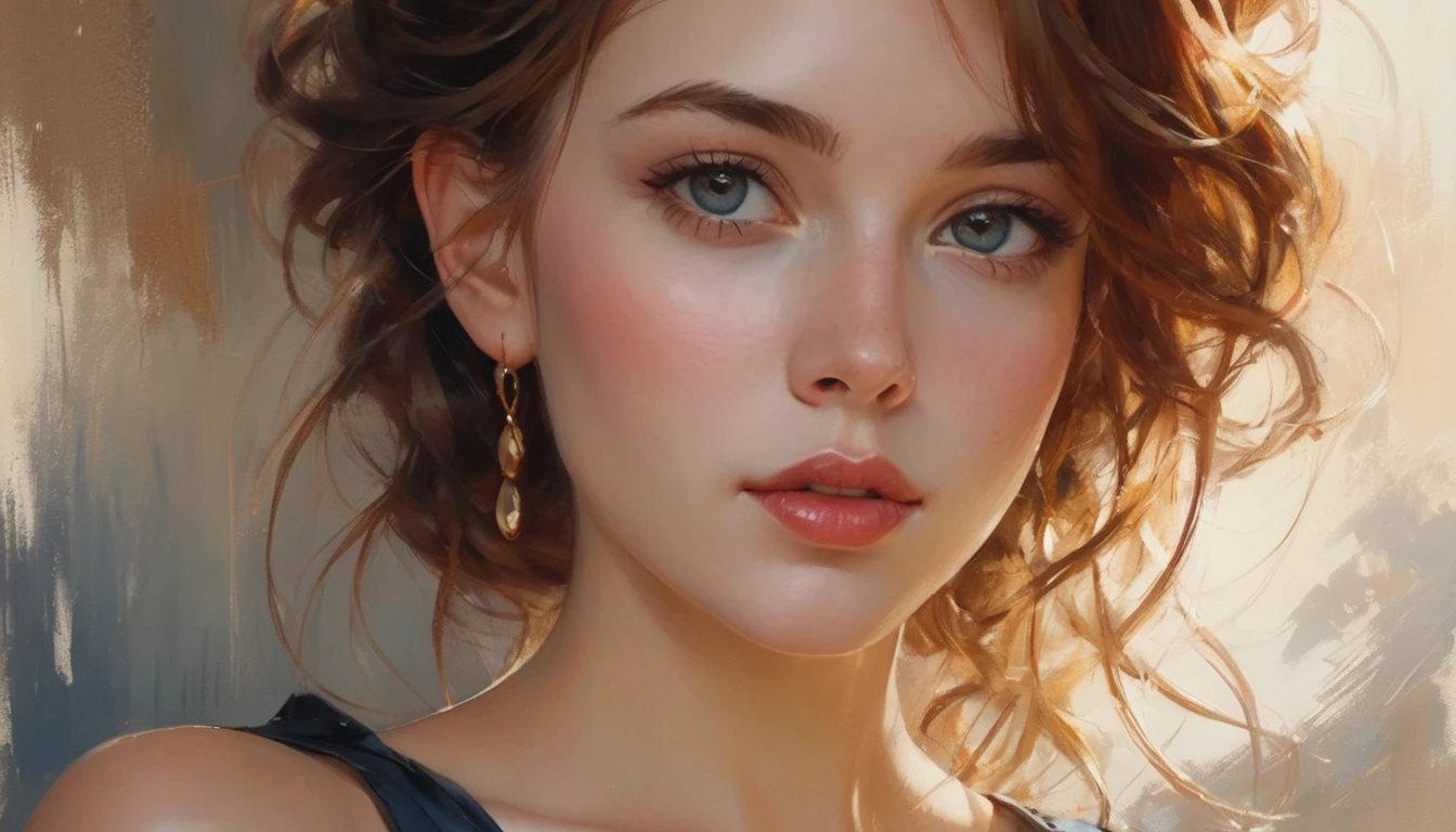 retrato de una hermosa joven al estilo de Philip de Laszlo, Michael Garmash, chica con un vestido de gala, trazos finos que delinean tus rasgos, luces y sombras sutiles, suave lighting illuminating her face and dress Art style: realisitic, paleta de colores de pintura al óleo: rico, tonos cálidos con toques de oro y rojos profundos, contrastando con azules fríos en el fondo Iluminación: suave, luz difusa que cae sobre la mujer&#39;la cara, enfatizando sus rasgos delicados y las texturas del vestido