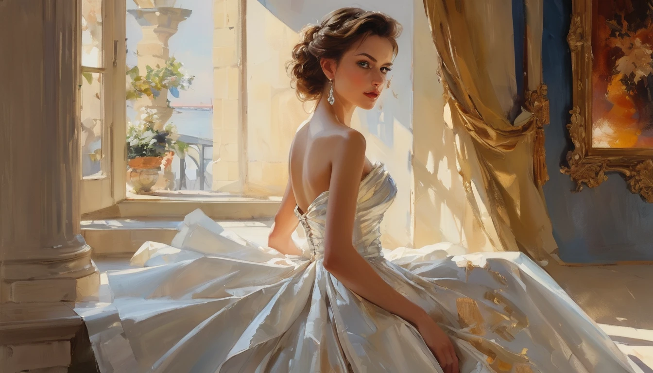 portrait d&#39;une belle jeune femme dans le style de Philip de Laszlo, Michael Garmash, fille en robe de bal, traits fins soulignant vos traits, reflets et ombres subtils, Doux lighting illuminating her face and dress Art style: réaliste, palette de couleurs de peinture à l&#39;huile: Rico, tons chauds avec des notes d&#39;or et de rouges profonds, contrastant avec les bleus froids en arrière-plan Éclairage: Doux, lumière diffuse tombant sur la femme&#39;le visage, soulignant ses traits délicats et les textures de la robe