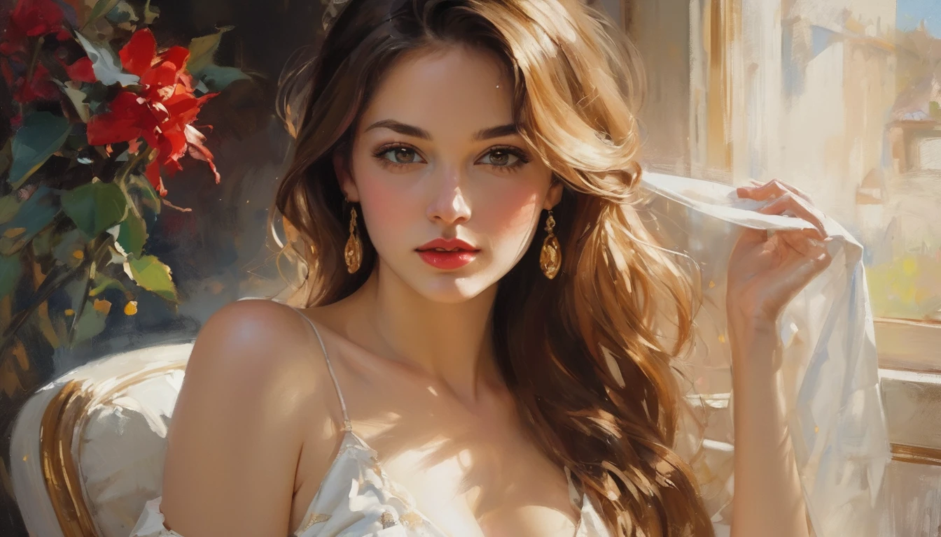 portrait of a beautiful young woman in the style of Philip de Laszlo, Michael Garmash, girl in a ball gown, thin strokes outlining your features, subtle highlights and shadows, soft lighting illuminating her face and dress Art style: realisitic, oil painting color palette: rico, warm tones with hints of gold and deep reds, contrasting with cold blues in the background Lighting: soft, diffuse light falling on woman&#39;s face, emphasizing her delicate features and the textures of the dress