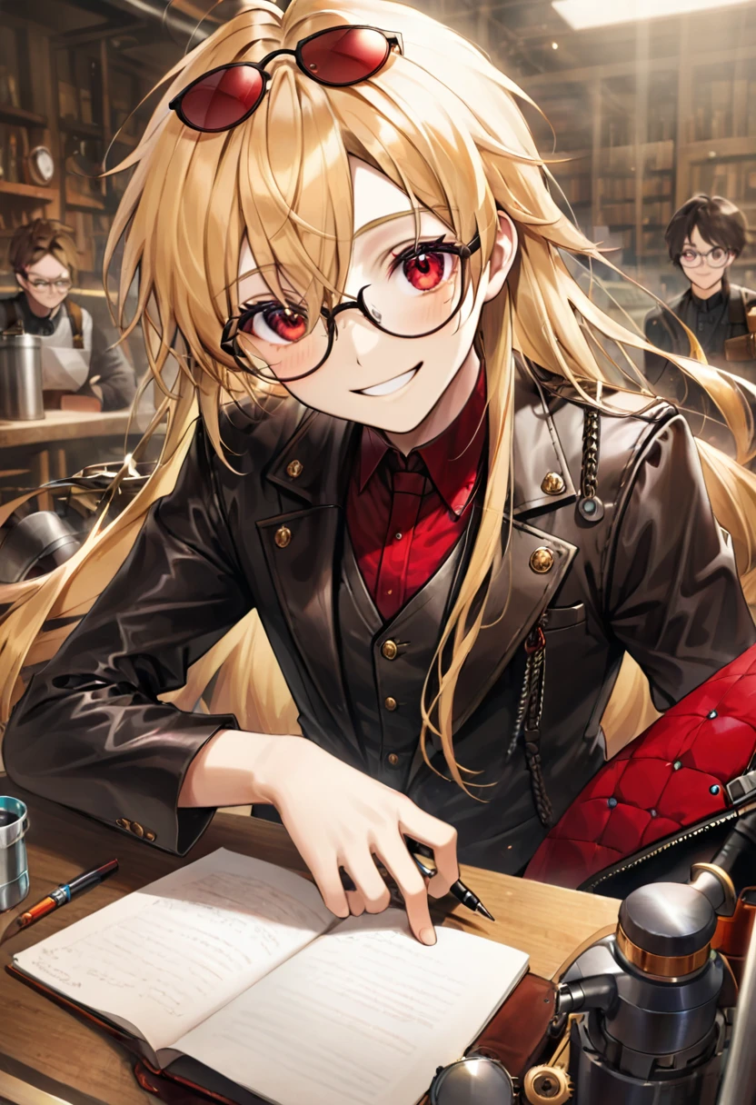 One young boy, red ruby eye, beautiful face like girl, blonde long hair, in leather worker suit, inventing, glasses. Noble. Smile