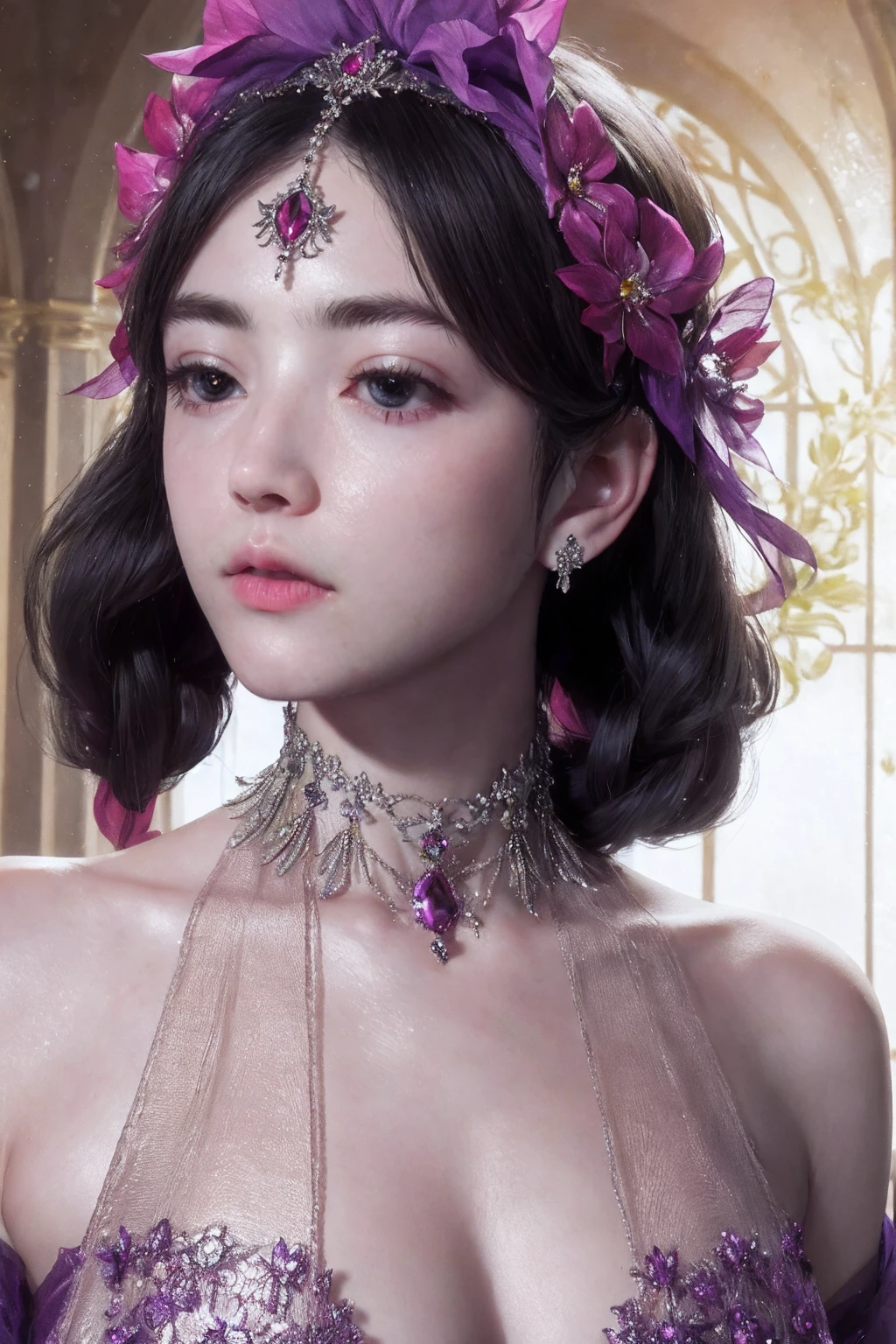 masterpiece，Highest high resolution，((magic orb))，Dynamic bust of beautiful aristocratic maiden，Black hair elegantly coiled，（(Wearing a huge red crown))，veils，Purple clear eyes，The hair is covered with beautiful and delicate floral craftsmanship, Crystal jewelry filigree，Ultra-detailed details，upscaled, face focus,