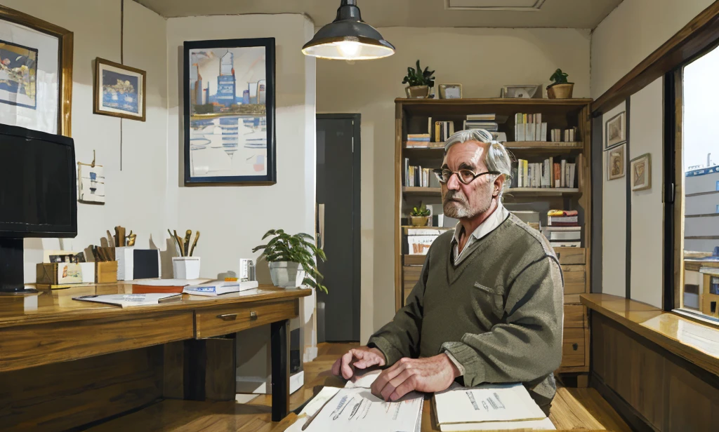 A 50-year-old man sits behind his office desk on top of a building