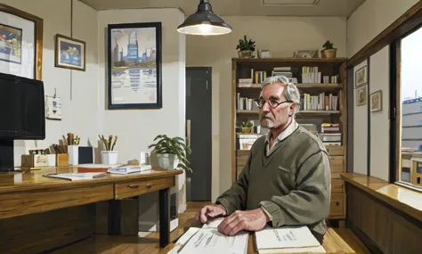 a 50-year-old man sits behind his office desk on top of a building