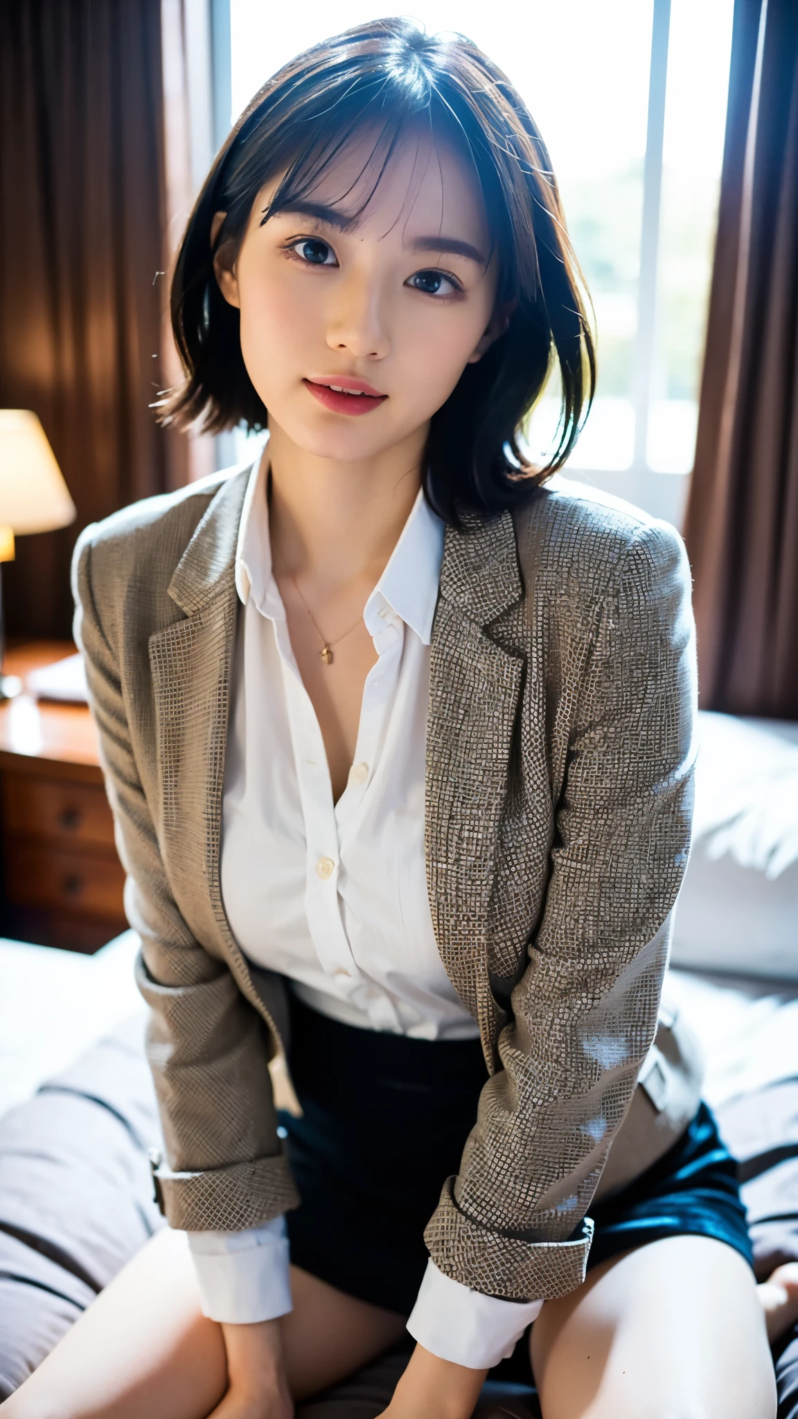 RAW photo, 1 girl, incredibly absurd, 30 years old, beautiful girl, (cute), (short hair), photo shoot, realistic, Depth of the bounds written, High resolution, Super detailed, delicate, very detailed, highly detailed eyes and face, sharp pupils, Realistic Office Lady, sharp focus, LED lighting, Eye and face details, (velvet blazer), mini skirt, cowboy shot full body, (wind lift:1.6), cameltoe, sit on an hotel bed, lace underwear, stare, (Big breasts that are about to burst), Close-up, perfect body, Cheek