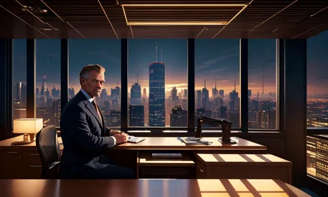 a 50-year-old man sitting behind his office desk at the top of a building, detailed facial features, elegant businessman, corpor...