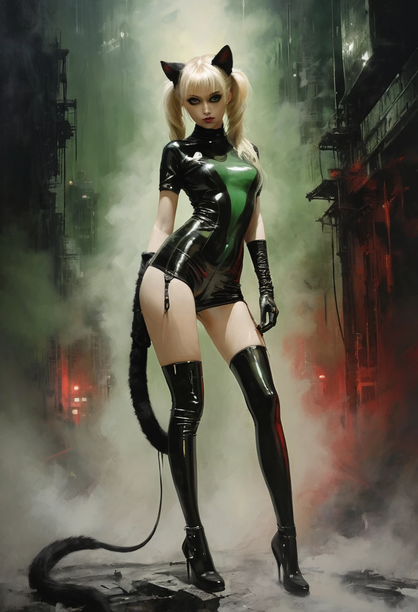 Original de Jarek Kubicki, Meilleure qualité, chef-d&#39;œuvre, 8k, Supercute nu nu asian teen girl
Big green eyes with cat-tail eyeliner and smoky eyeshadow
long Blonde hair with twin tails
Red latex cyberpunk opera gloves
Red latex thigh high stockings with sci-fi wedge heel
Smooth shaved pussy
Oiled glossy
iconic diva standing pose
Dark ambiguous background swirling misty fog and smoke
smoke explosions apocalyptic scene, photos pornographiques, grosses chattes mouillées, traficas, namilia cyberstyle, nu nu, mince